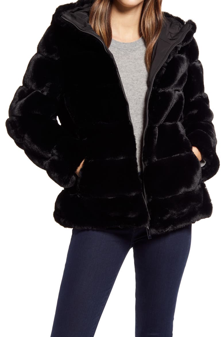 Hooded Faux Fur Coat, Main, color, BLACK