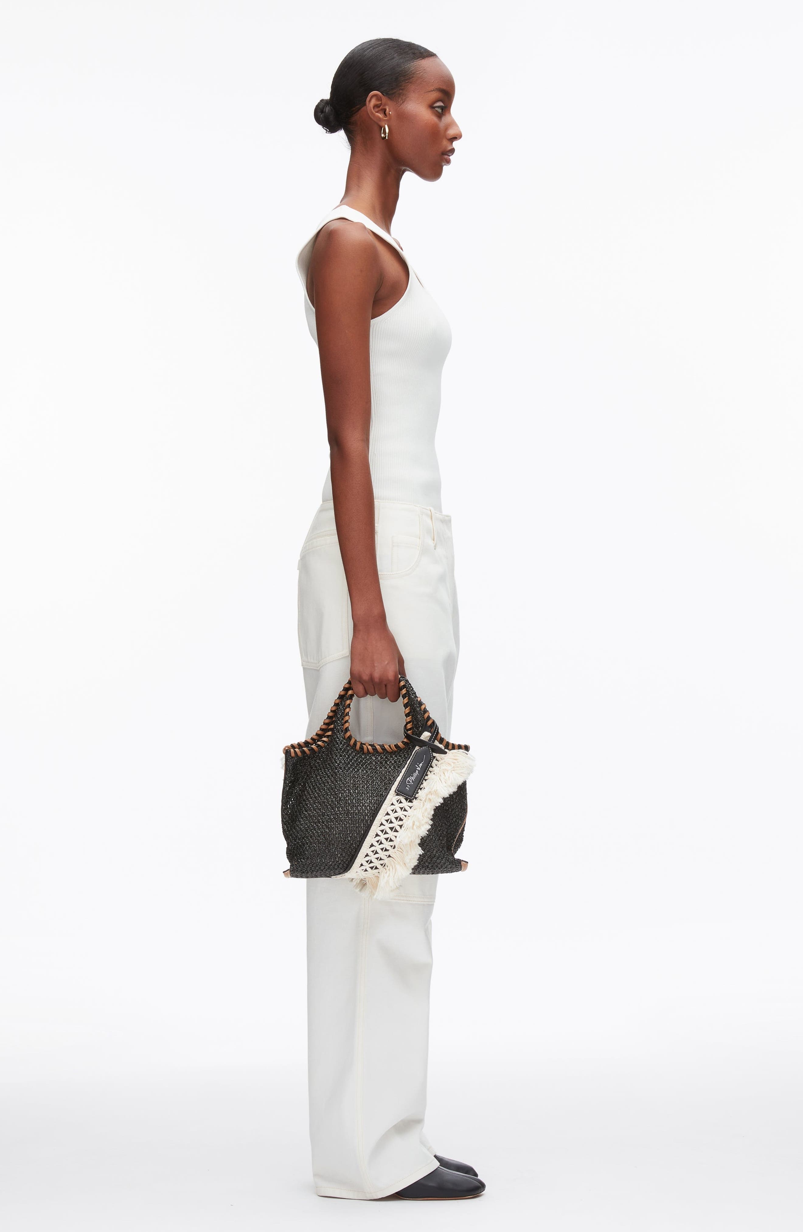 3.1 Phillip Lim Raffia Fringe Mini Market Tote, Alternate, color, Black
