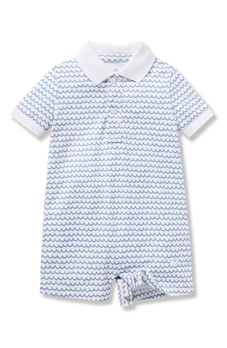 Petite Plume Wave Print Pima Cotton Polo Romper, Main, color, Blue