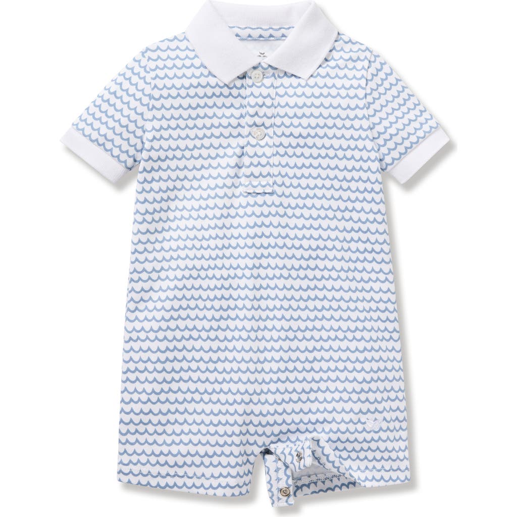 Shop Petite Plume Wave Print Pima Cotton Polo Romper In Blue