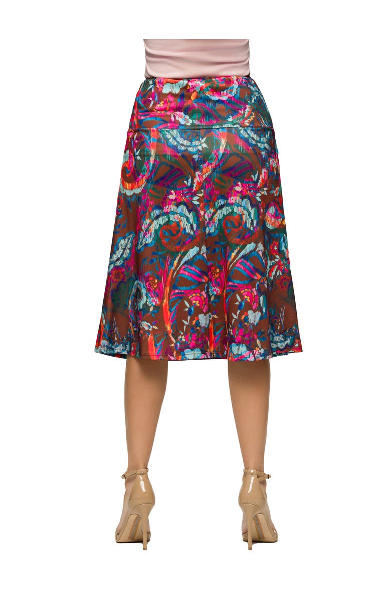 24seven Comfort Apparel Maternity Brown Paisley Print Elastic Waist Knee Length Skirt, Alternate, color, Brown Multi