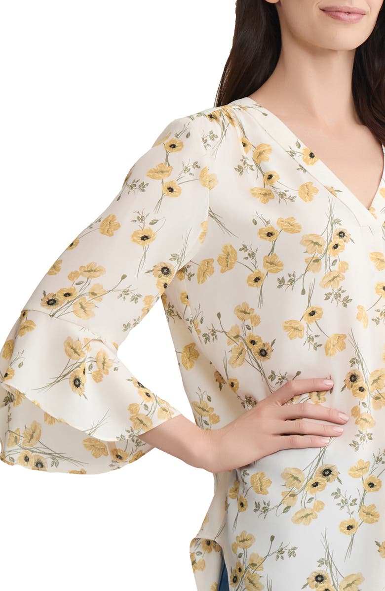 Jones New York Floral V-Neck Flutter Sleeve Top, Alternate, color, White Sand Multi