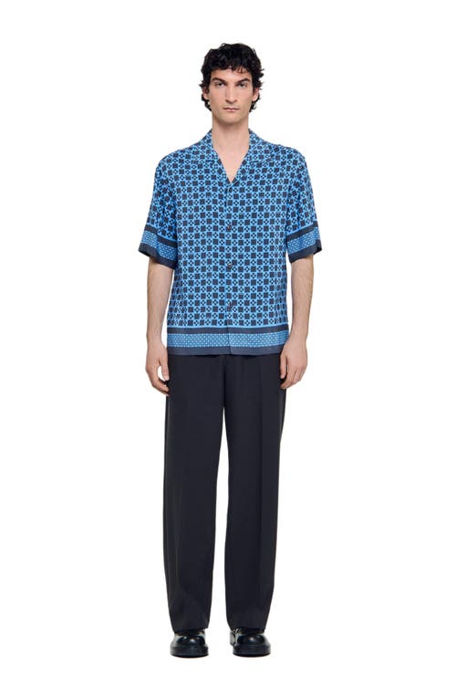 Sandro Square Cross Motif Flowing Blouse In Blue