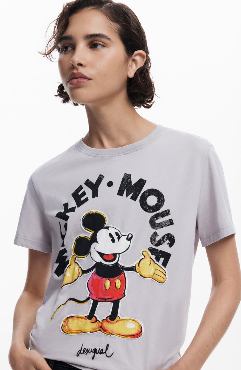 Desigual Mickey Mouse Striped Ringer Graphic T-Shirt, Alternate, color, Neutral Gray