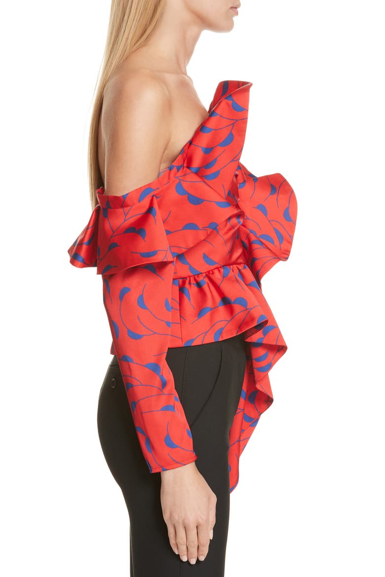 Azalea Print Ruffle Detail One-Shoulder Top, Alternate, color, RED/ NAVY