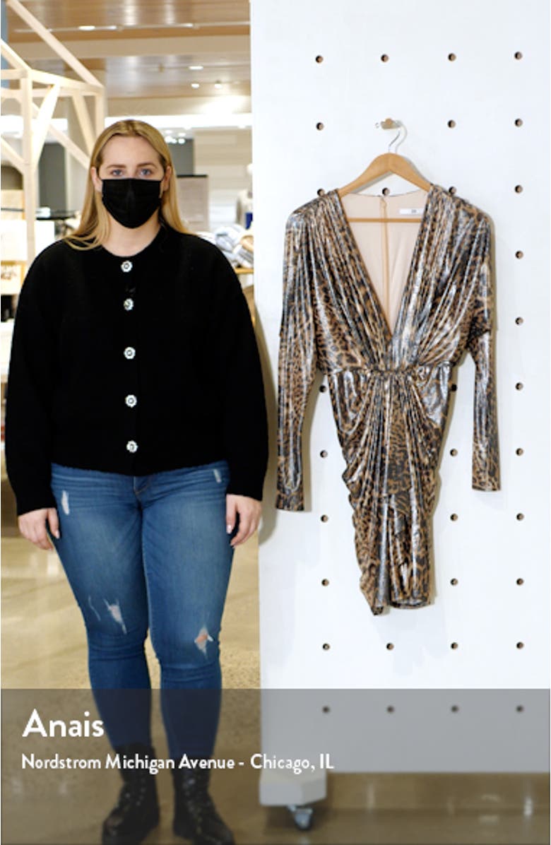 Animal Print Plunge Neck Ruched Long Sleeve Dress, sales video thumbnail