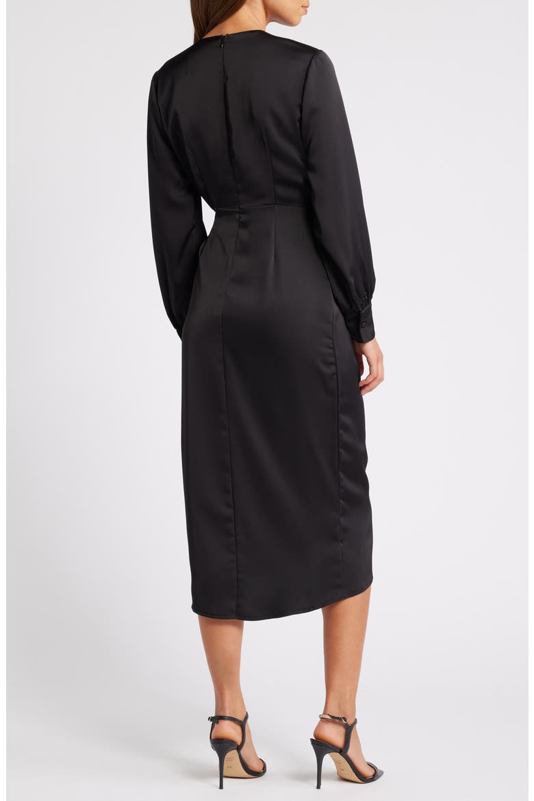 Fluid Long Sleeve Satin Faux Wrap Midi Dress, Alternate, color, BLACK
