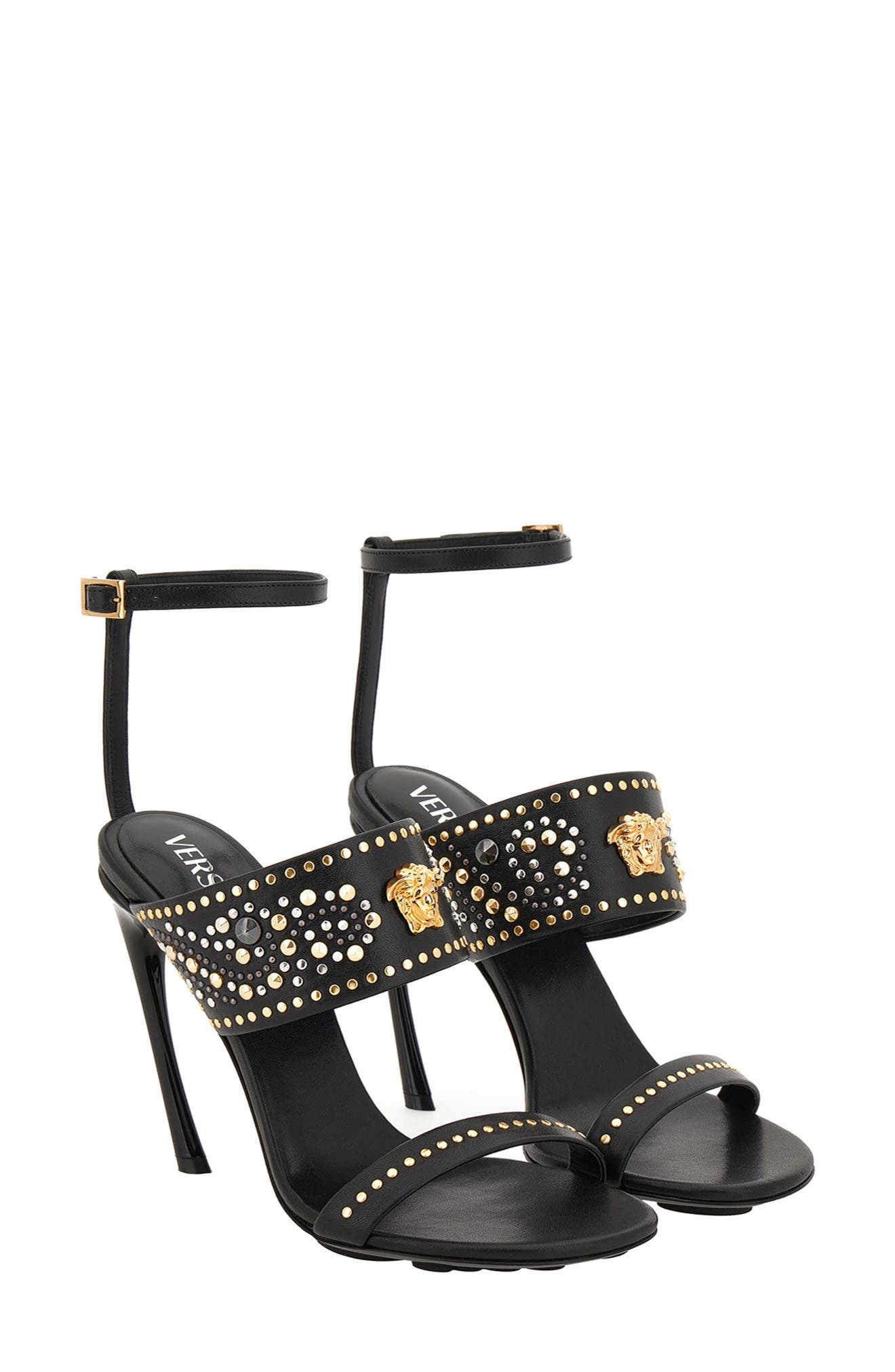 Versace Medusa Ankle Strap Sandal, Main, color, Black Gold Palladium