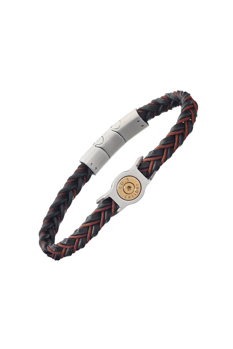 Braided Two-color Leather Bracelet with Stainless Steel Detail, Main, color, Black