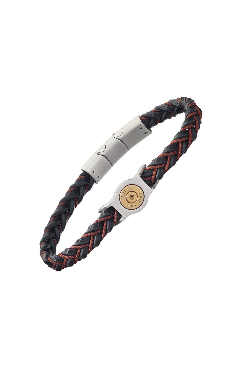 Link Up Braided Two-color Leather Bracelet with Stainless Steel Detail, Main, color, Black
