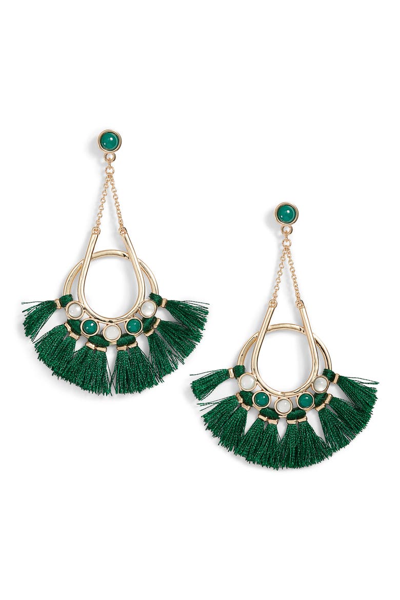 Utopia Tassel Chandelier Earrings, Main, color, GOLD/ GREEN TASSELS