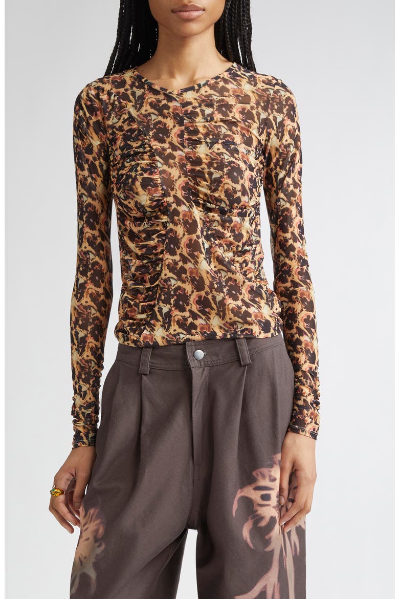 Serpentine Leopard Floral Long Sleeve Mesh Top, Main, color, LEOPARD PEONY
