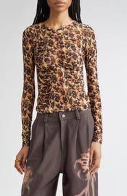 Collina Strada Serpentine Leopard Floral Long Sleeve Mesh Top