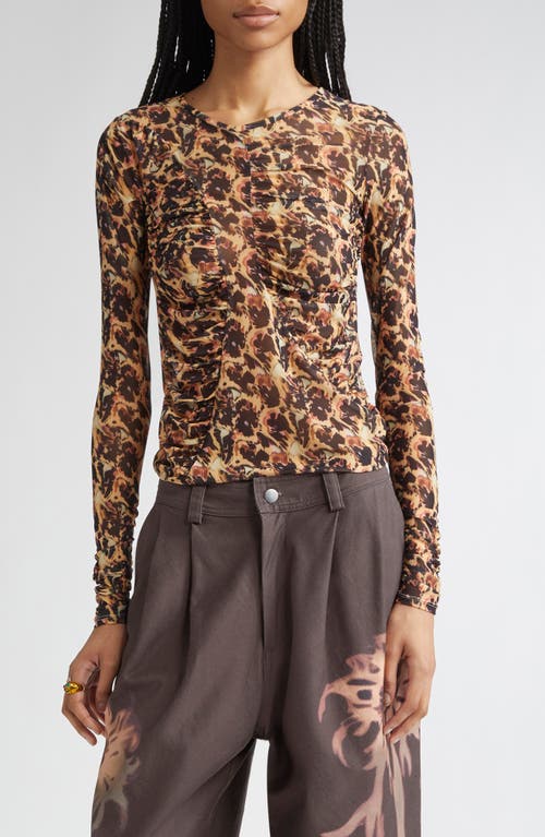 Collina Strada Serpentine Leopard Floral Long Sleeve Mesh Top In Brown