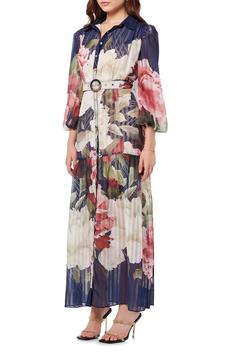 Upstage Floral Print Maxi Shirtdress, Alternate, color, BLUE MULTI