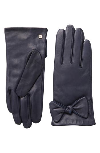 Bruno Magli Cashmere Lined Leather Bow Gloves In Blue
