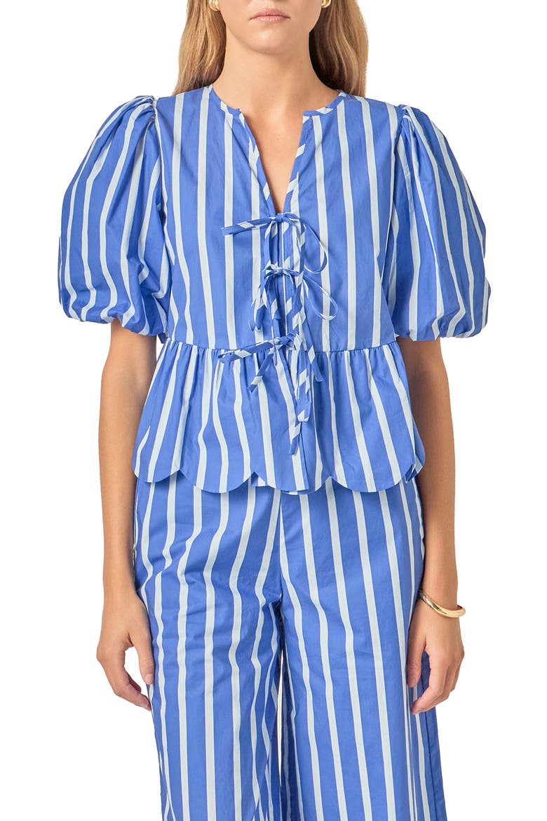 Stripe Tie Front Puff Sleeve Top, Main, color, NAVY/ BLUE