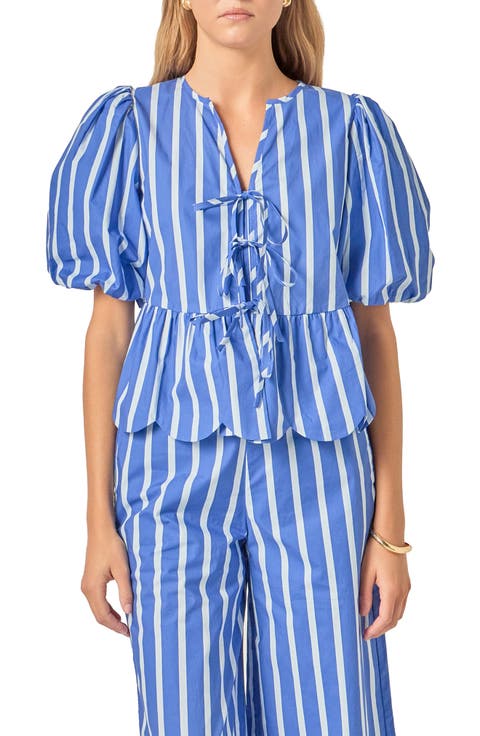 Stripe Tie Front Puff Sleeve Top
