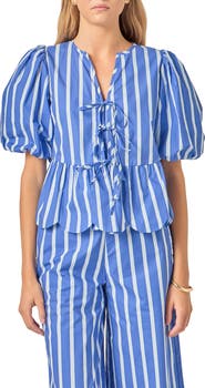 English Factory Stripe Tie Front Puff Sleeve Top
