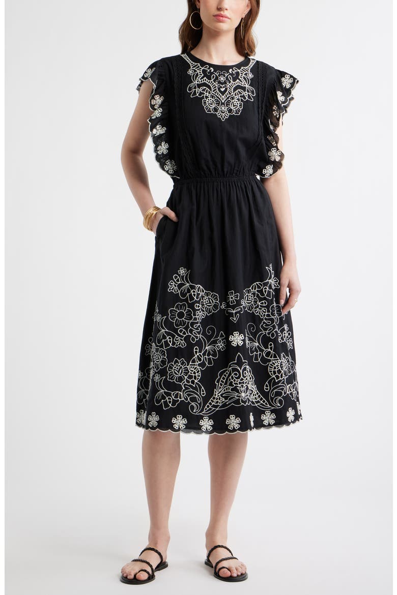 Floral Embroidered Flutter Sleeve Midi Dress, Main, color, BLACK