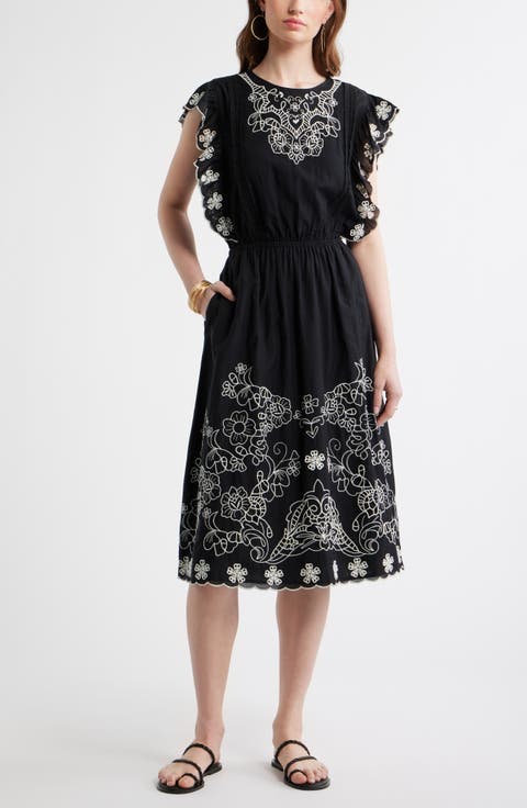 Floral Embroidered Flutter Sleeve Midi Dress