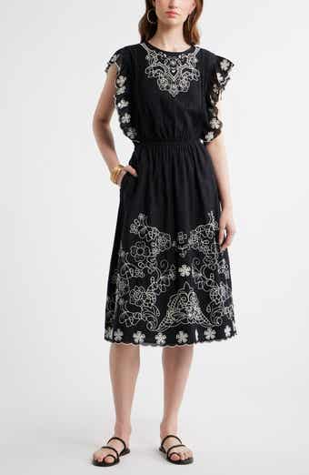 Floral Embroidered Flutter Sleeve Midi Dress