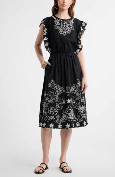 Floral Embroidered Flutter Sleeve Midi Dress