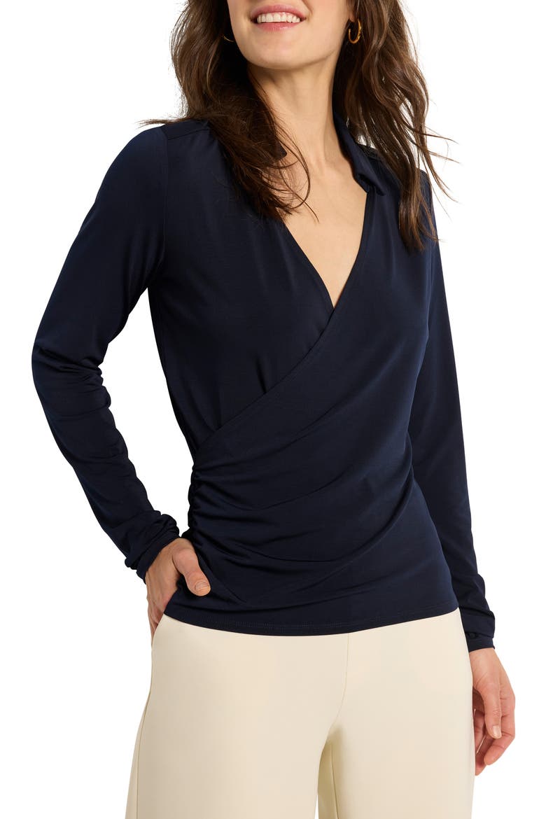 Collared Faux Wrap Top, Main, color, DARK INDIGO