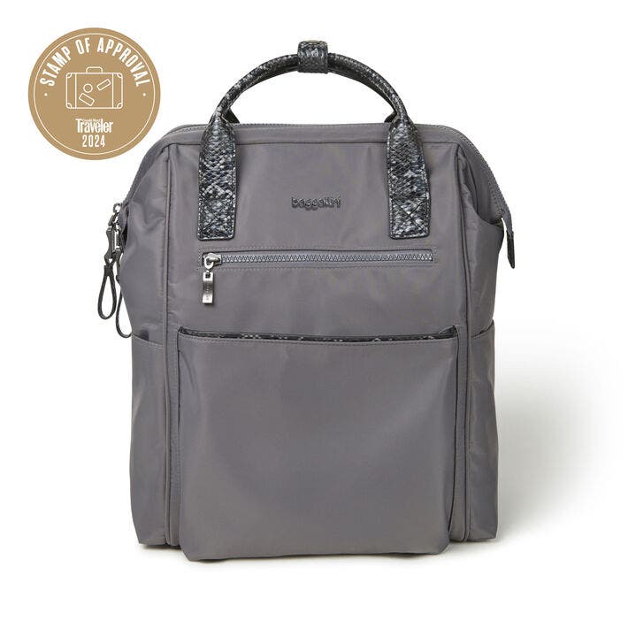 BAGGALLINI Soho Laptop Backpack, Main, color, Smoke / Faux Python Trim