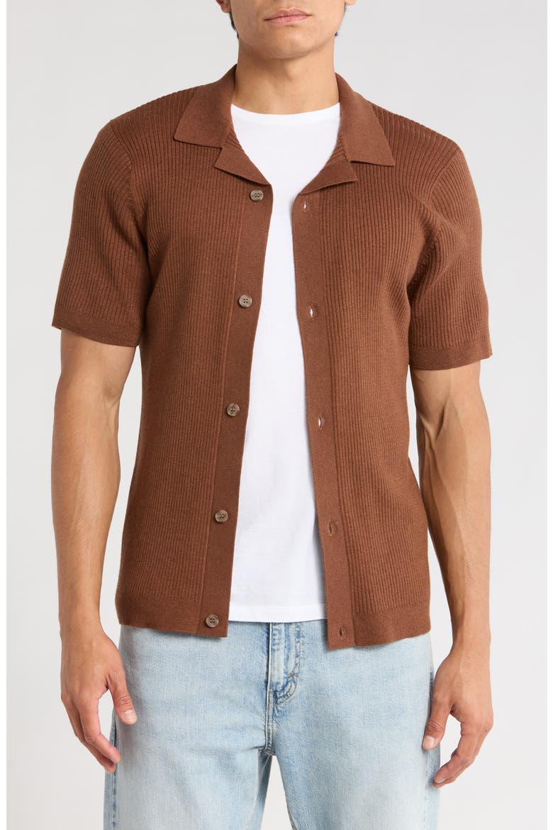 Short Sleeve Button-Up Sweater, Main, color, BROWN
