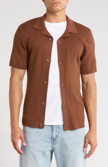 Abound Short Sleeve Button-up Sweater In Brown