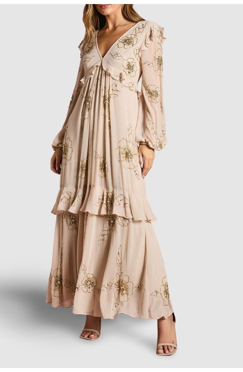 Coast V-Neck Embellished Tiered Midi Dress, Alternate, color, Ivory