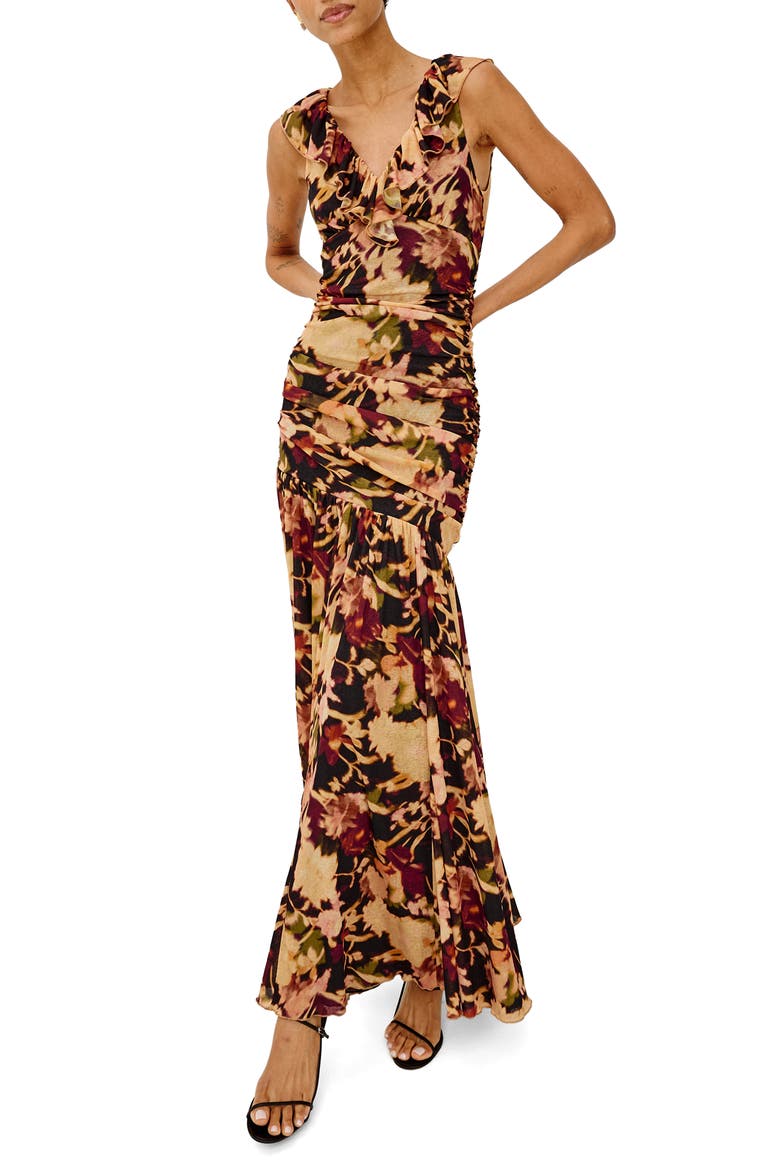 Veda Ruffle V-Neck Maxi Dress, Main, color, DARK FLORA