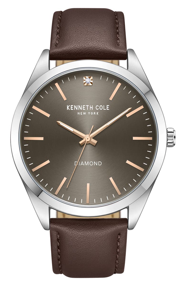 Kenneth Cole New York Diamond Leather Strap Watch, 44mm - 0.005ct., Main, color, Brown
