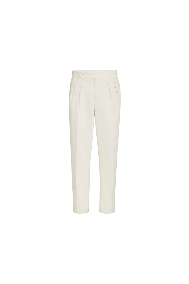 Sea Island cotton narrow wale corduroy tuxedo trousers with double pleats and tabbed waistband, Alternate, color, Milk
