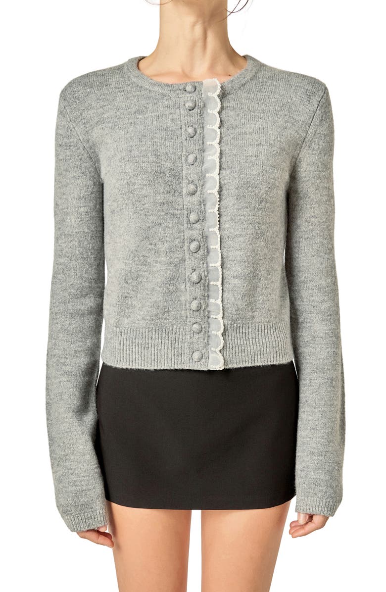 English Factory Scallop Trim Cardigan, Alternate, color, Heather Grey