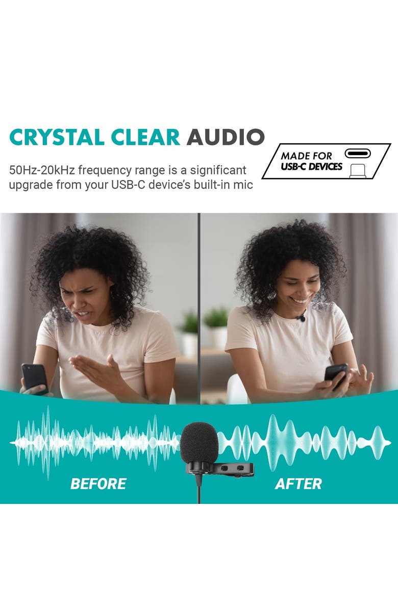 MOVO uLav - Wired Omnidirectional USB-C Lavalier Clip On Microphone, Alternate, color, Black