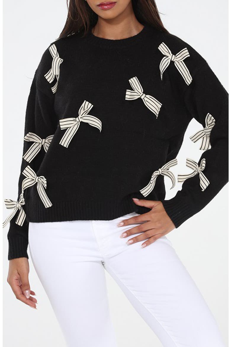 Bow Crewneck Sweater, Main, color, BLACK