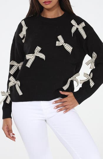 Rain And Rose Bow Crewneck Sweater In Black