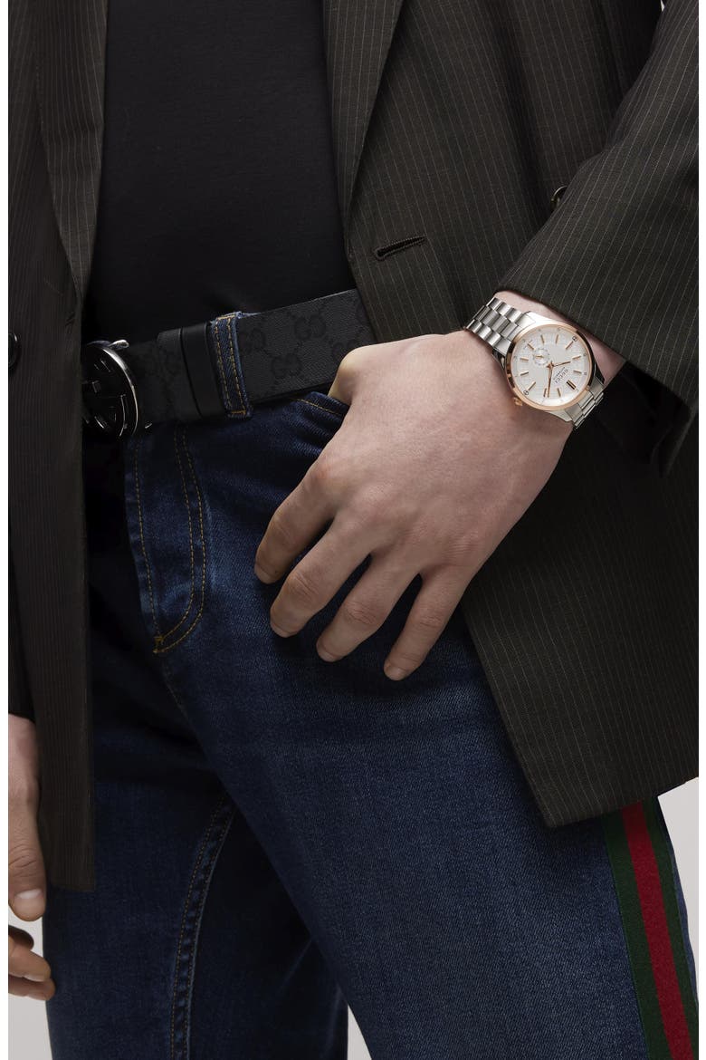 G-Timeless Slim Two-Tone Automatic Bracelet Watch, 40mm, Alternate, color, SILVER