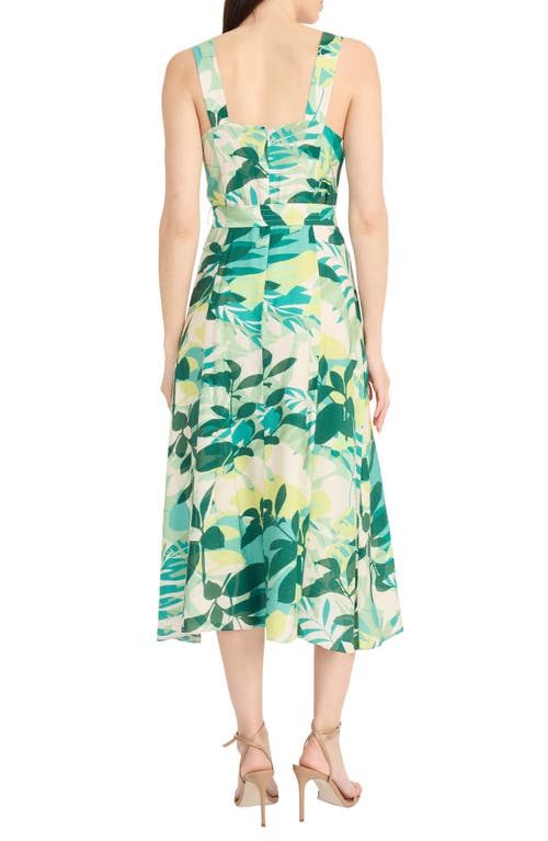Maggy London Botanical Print Belted A-line Dress In Green
