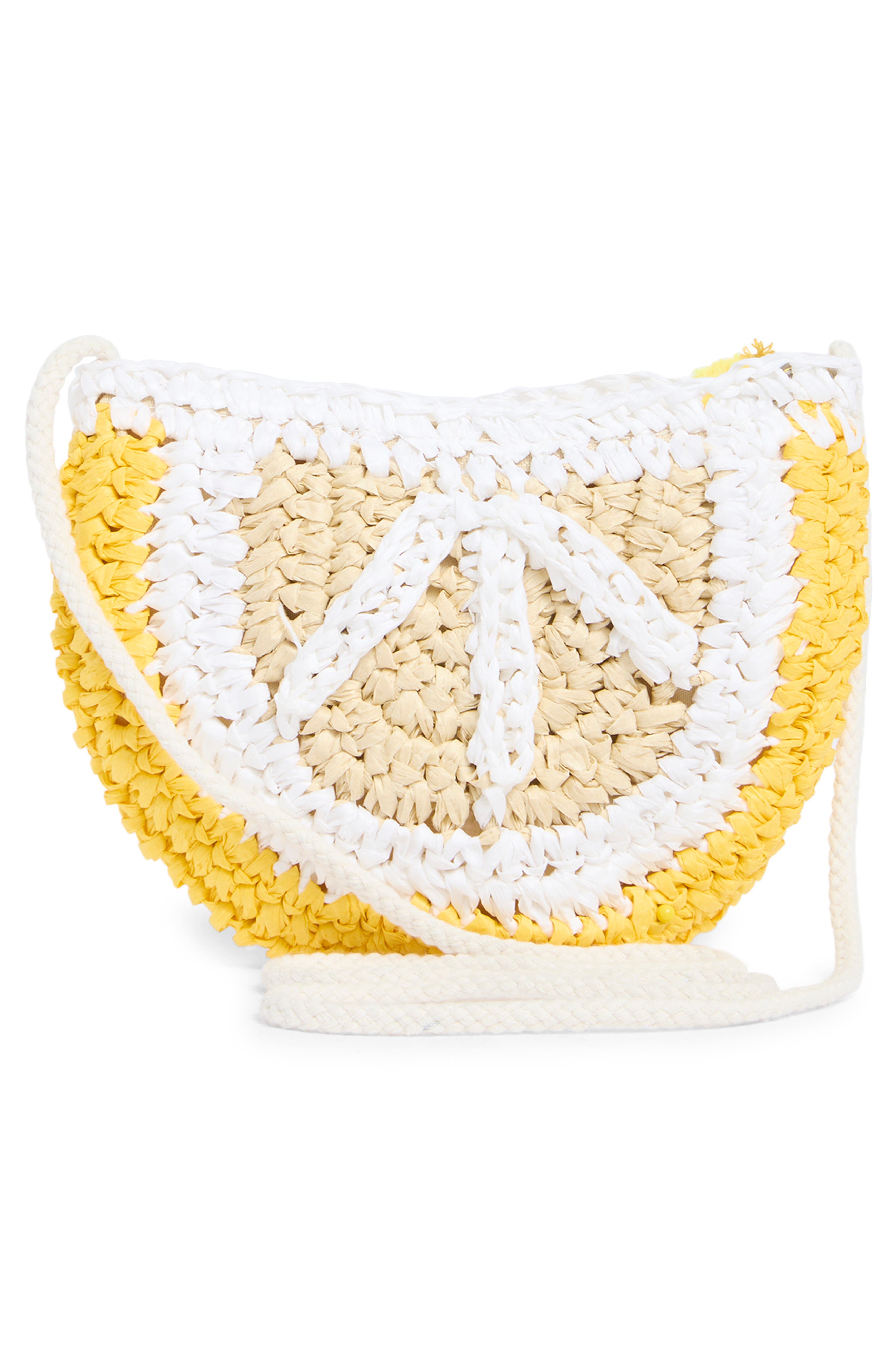 Kids' Lemon Crochet Straw Handbag, Alternate, color, YELLOW