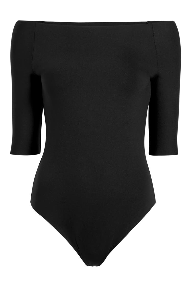 Neoprene Boatneck Bodysuit, Alternate, color, BLACK