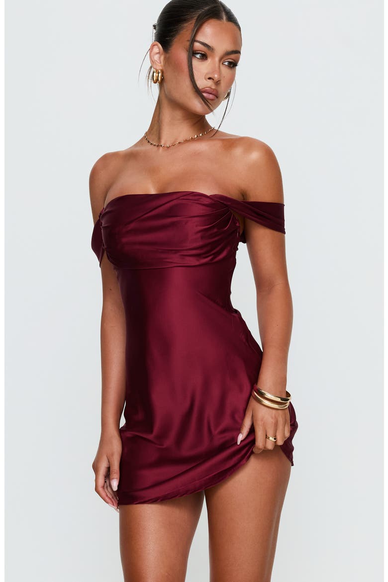 Zabbarra Off the Shoulder Satin Minidress, Alternate, color, BURGUNDY