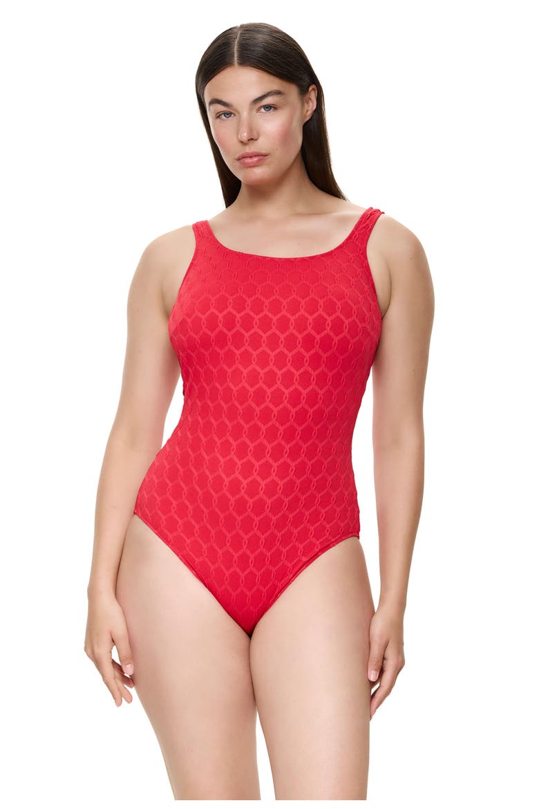 Chained Reaction Textured Post Mastectomy High Neck One Piece, Alternate, color, Red