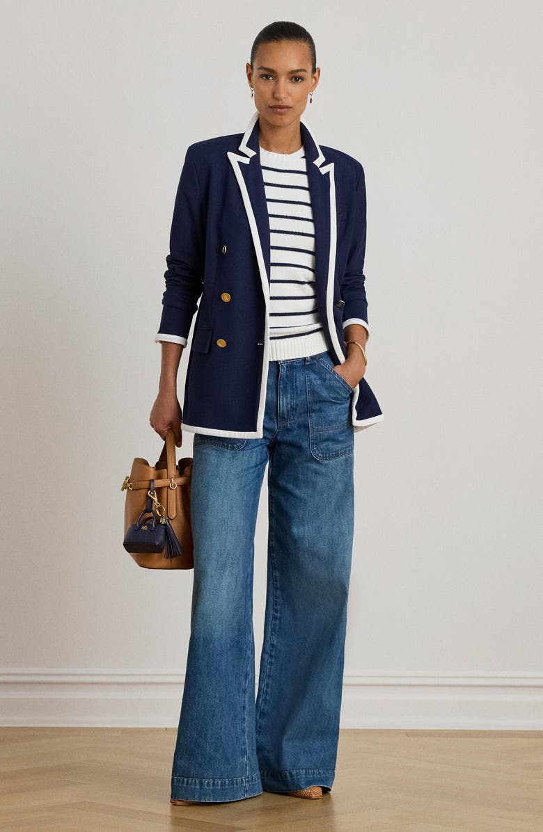 Lauren Ralph Lauren Tahir Double Breasted Piqué Knit Blazer, Alternate, color, Refined Navy Blue