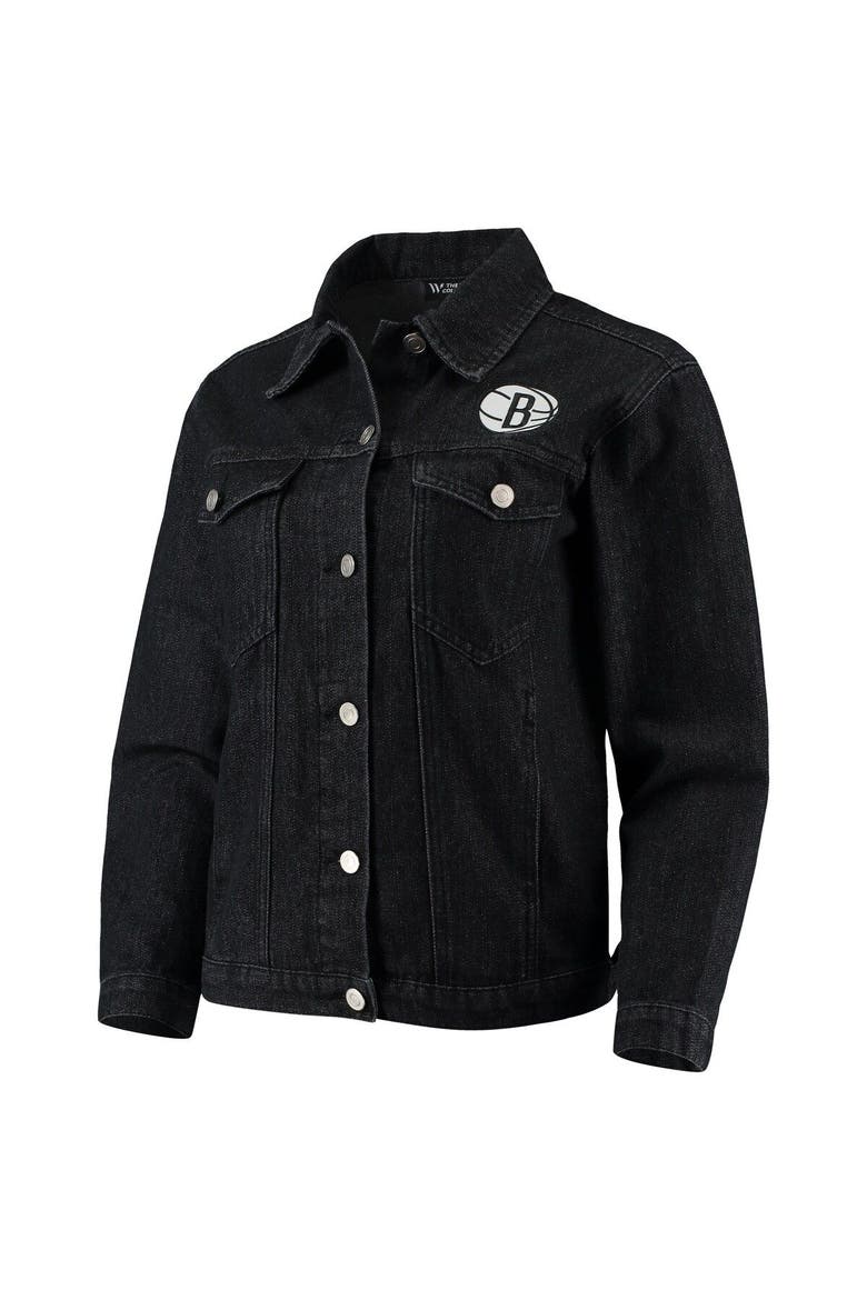 Women's The Wild Collective Black Brooklyn Nets Patch Denim Button-Up Jacket, Alternate, color, Black