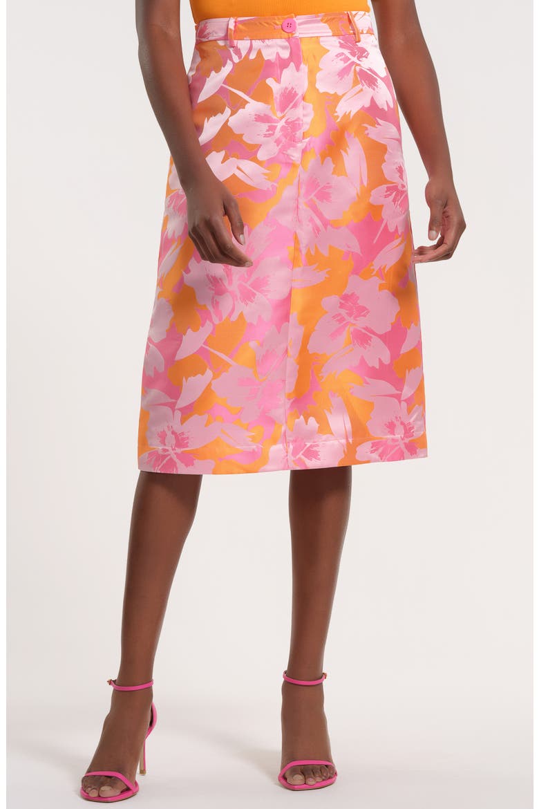 Floral Satin Brocade Pencil Skirt, Main, color, PINK/ ORANGE