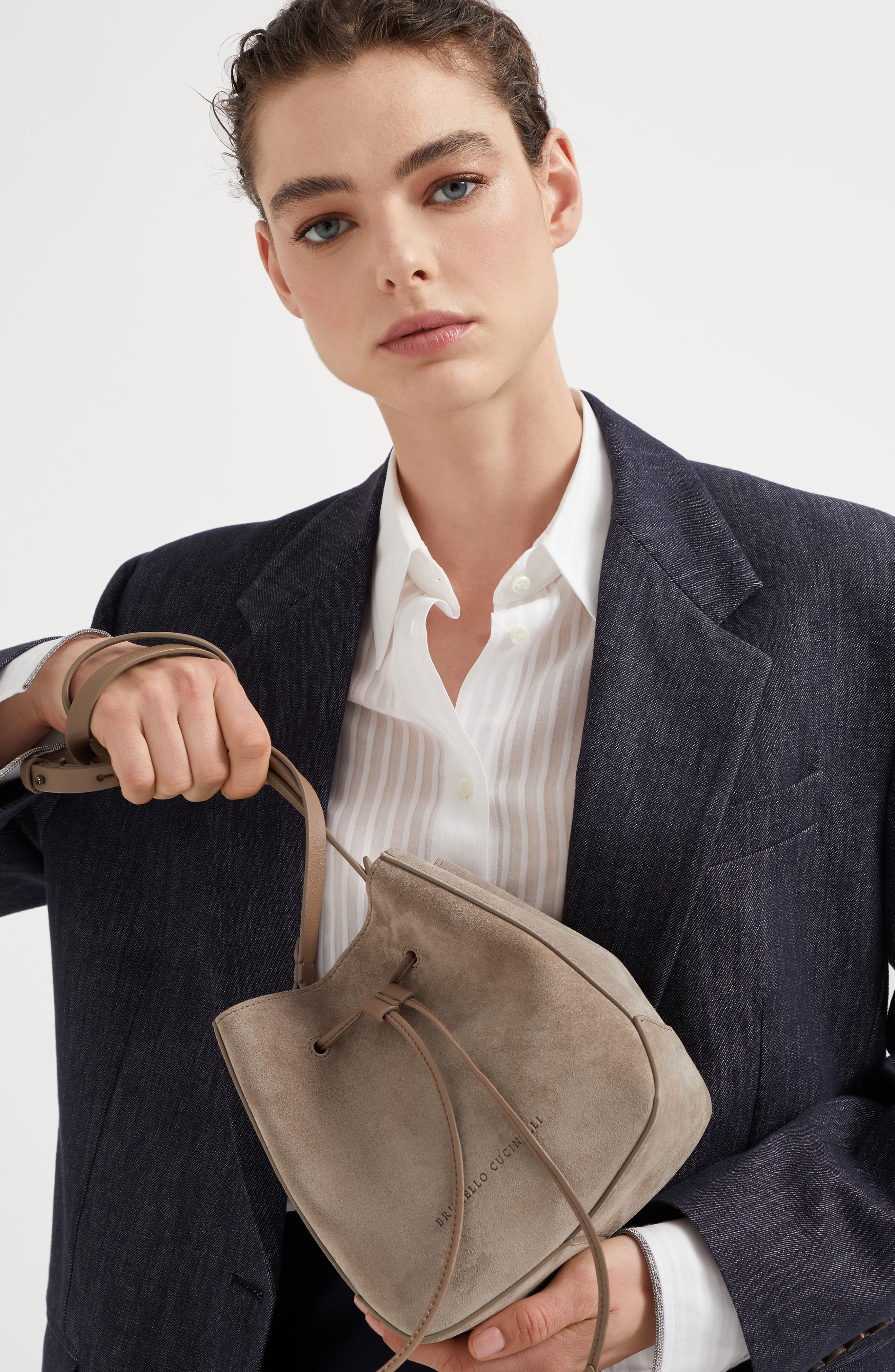 Brunello Cucinelli Suede bucket bag with monili, Alternate, color, 