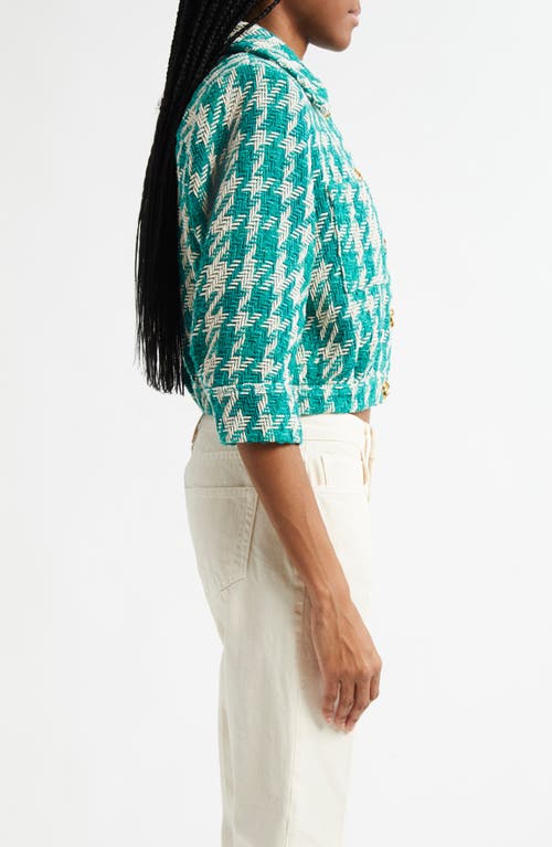 L Agence L'agence Jia Cropped Three Quarter Sleeve Jacket In White/teal Houndstooth